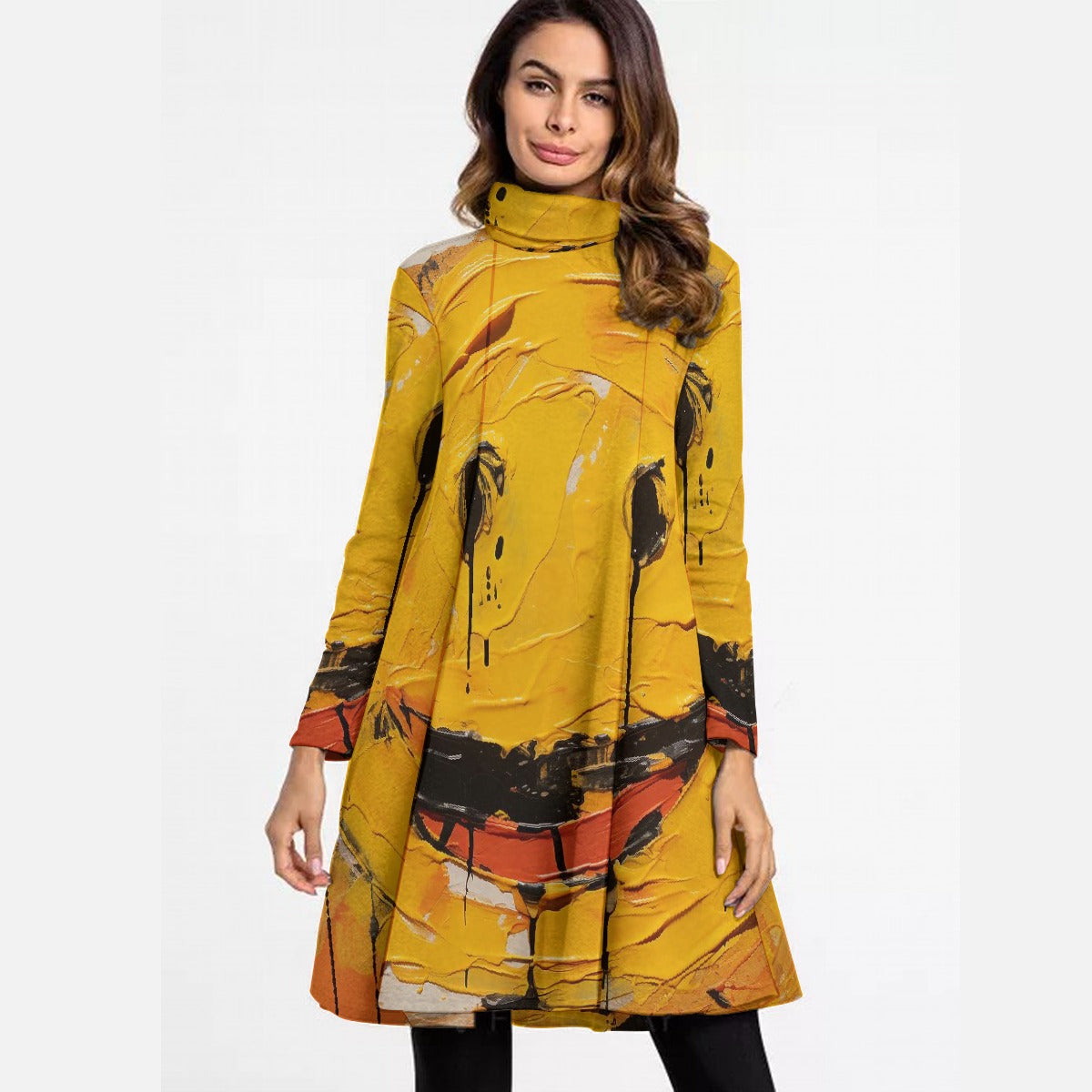 All-Over Print Women's High Neck Dress With Long Sleeve