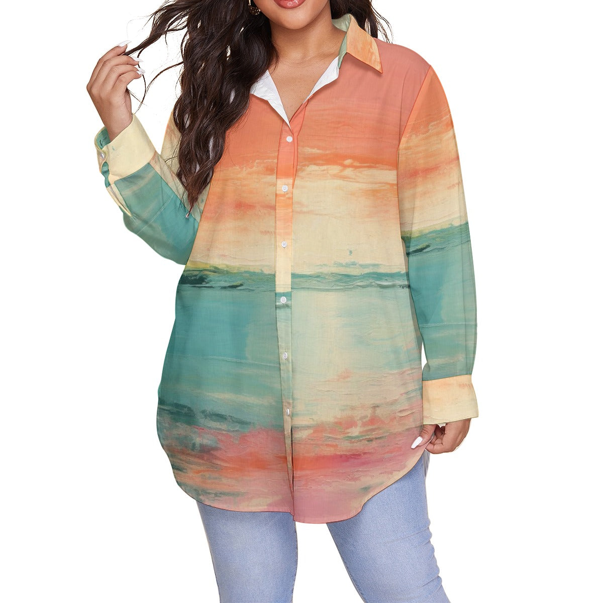 All-Over Print Women's Shirt With Long Sleeve(Plus Size)