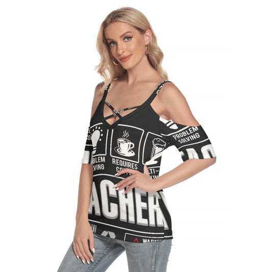 All-Over Print Women's Cold Shoulder T-shirt With Criss Cross Strips