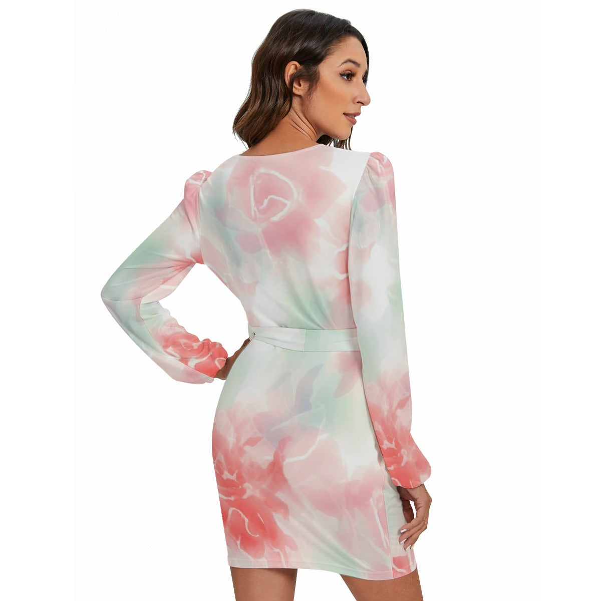 All-Over Print Women's Long Sleeve Dress With Waist Belt