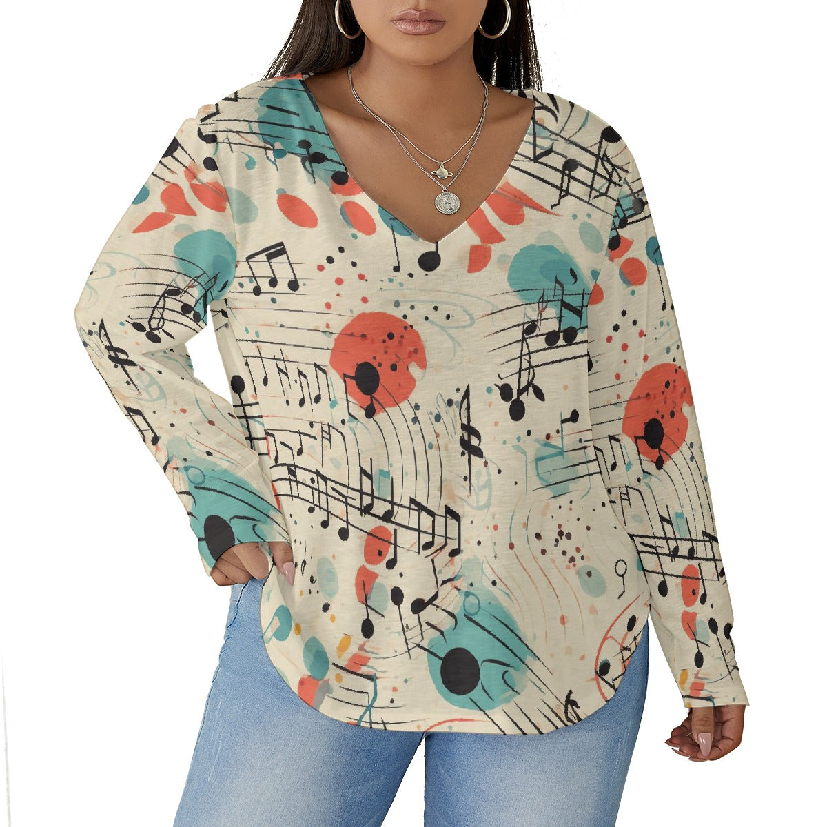 All-Over Print Women's V-neck T-shirt With Curved Hem(Plus Size)