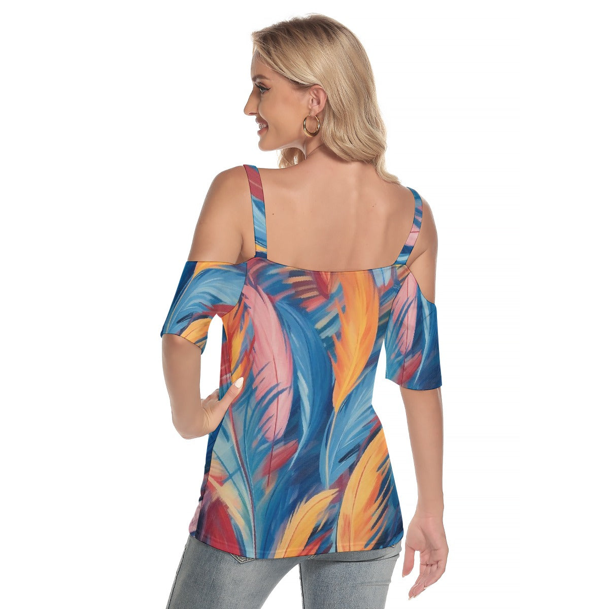 All-Over Print Women's Cold Shoulder T-shirt With Criss Cross Strips