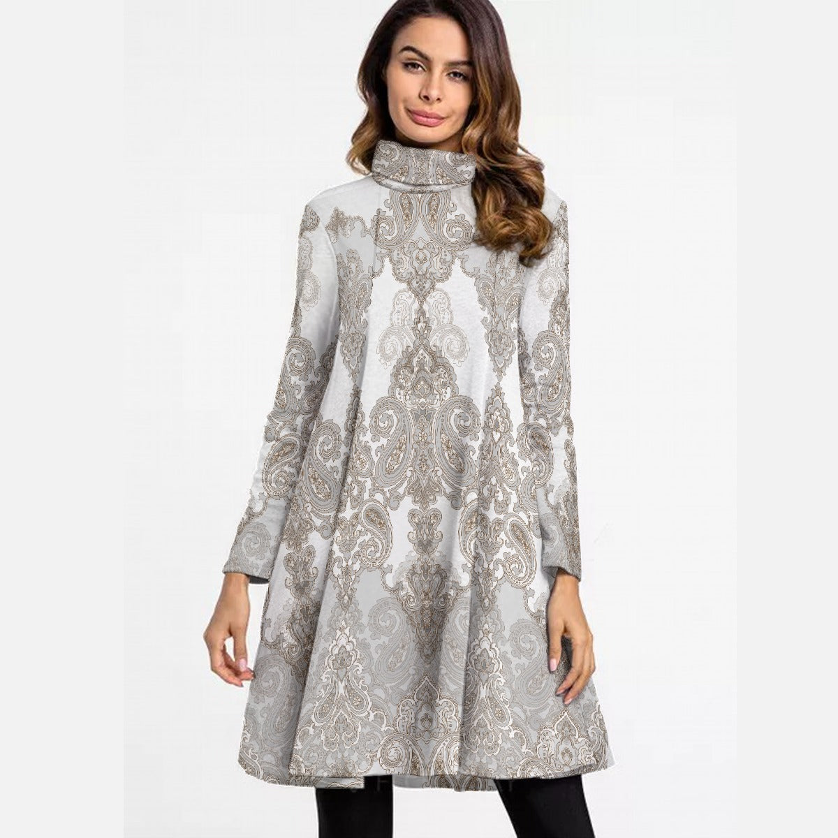 All-Over Print Women's High Neck Dress With Long Sleeve