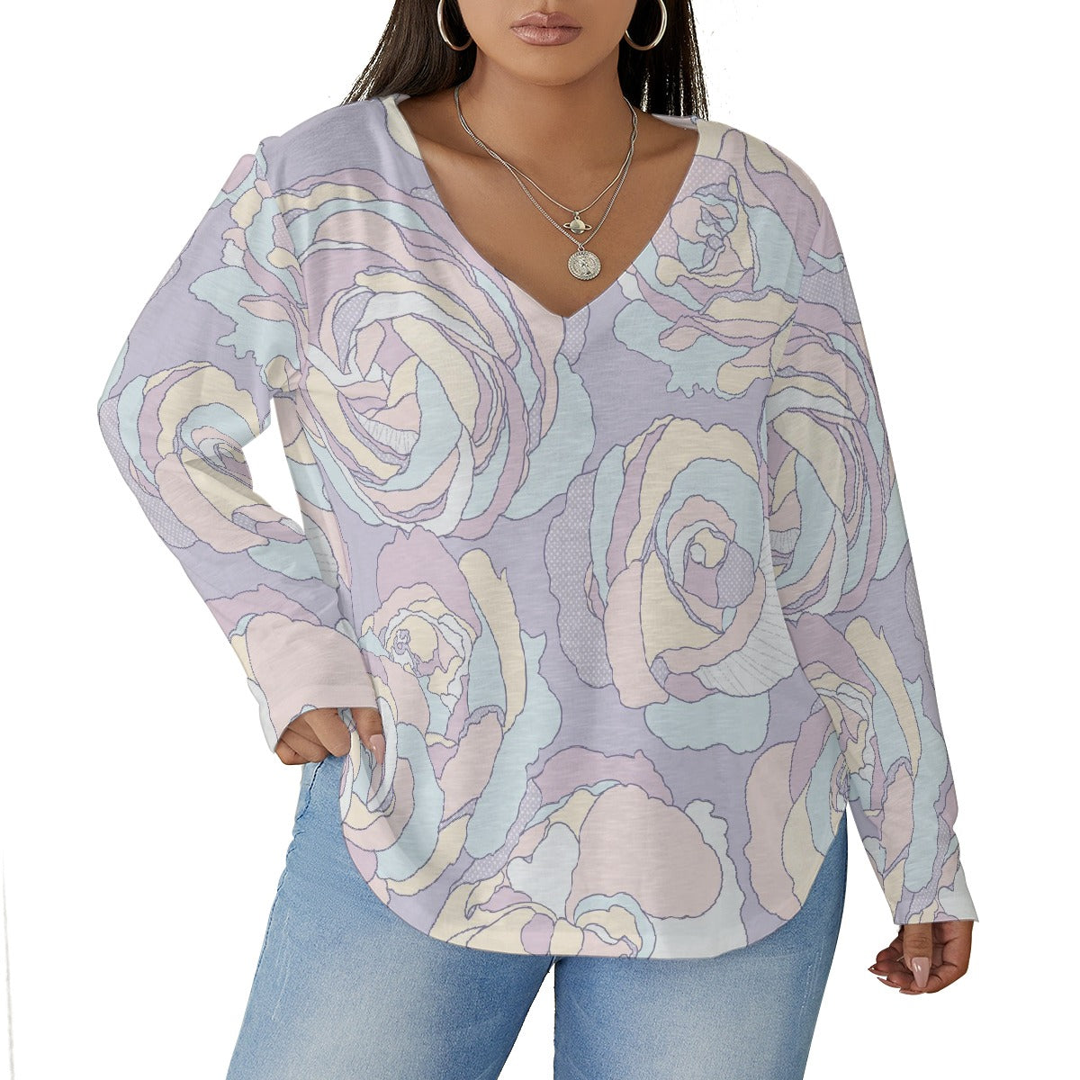 All-Over Print Women's V-neck T-shirt With Curved Hem(Plus Size)