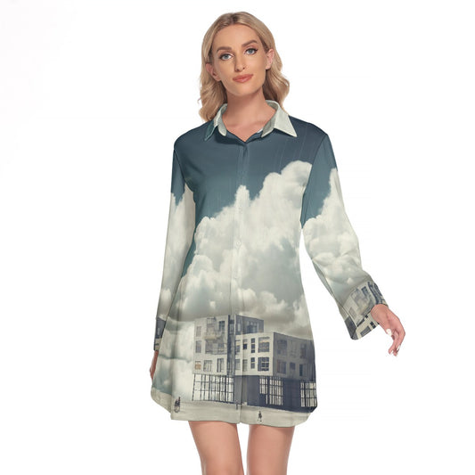 All-Over Print Women's Lapel Shirt Dress With Long Sleeve