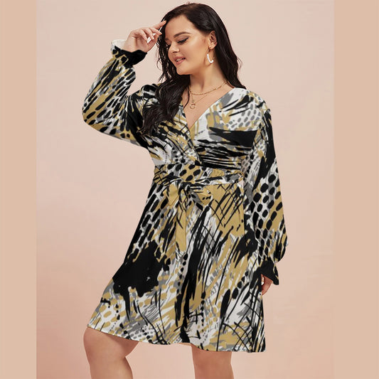 All-Over Print Women's V-neck Dress With Waistband(Plus Size)