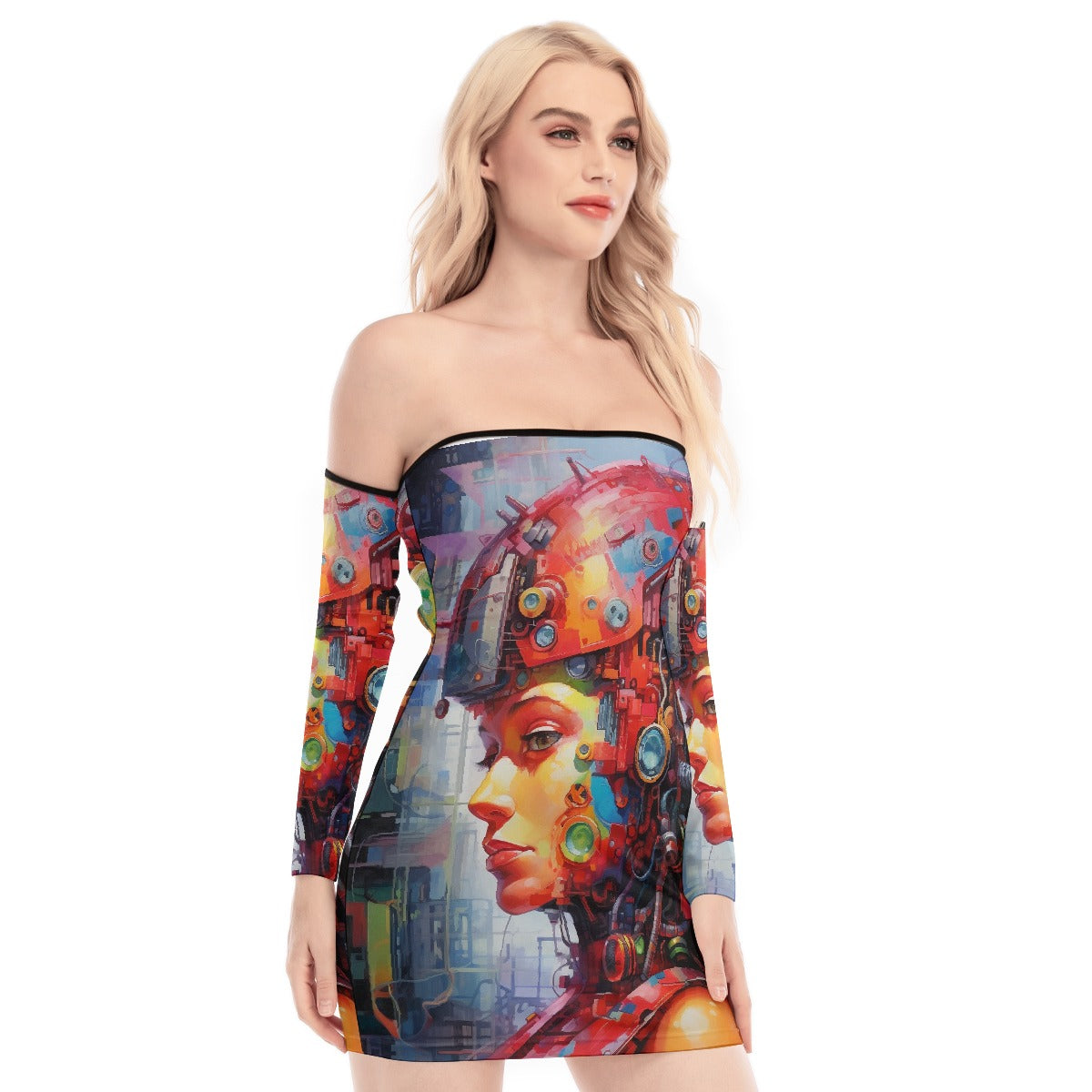 All-Over Print Women's Off-shoulder Back Lace-up Dress