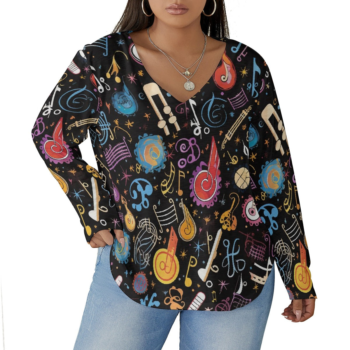 All-Over Print Women's V-neck T-shirt With Curved Hem(Plus Size)