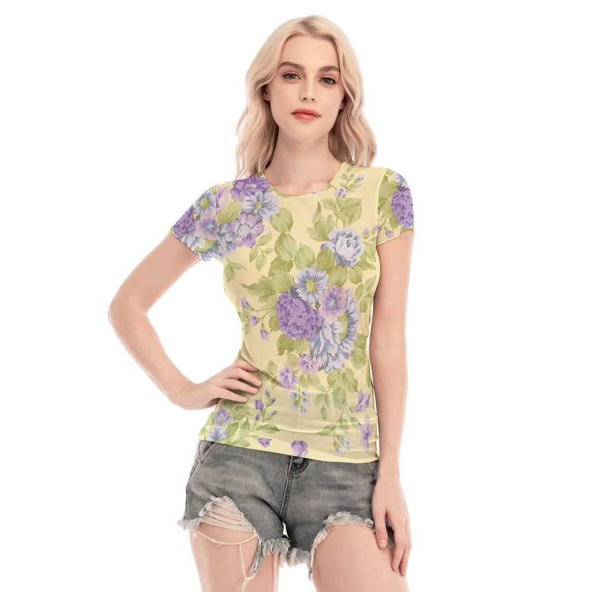 All-Over Print Women's Short Sleeve Mesh Blouse