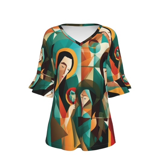 All-Over Print V-neck Women's T-shirt With Bell Sleeve