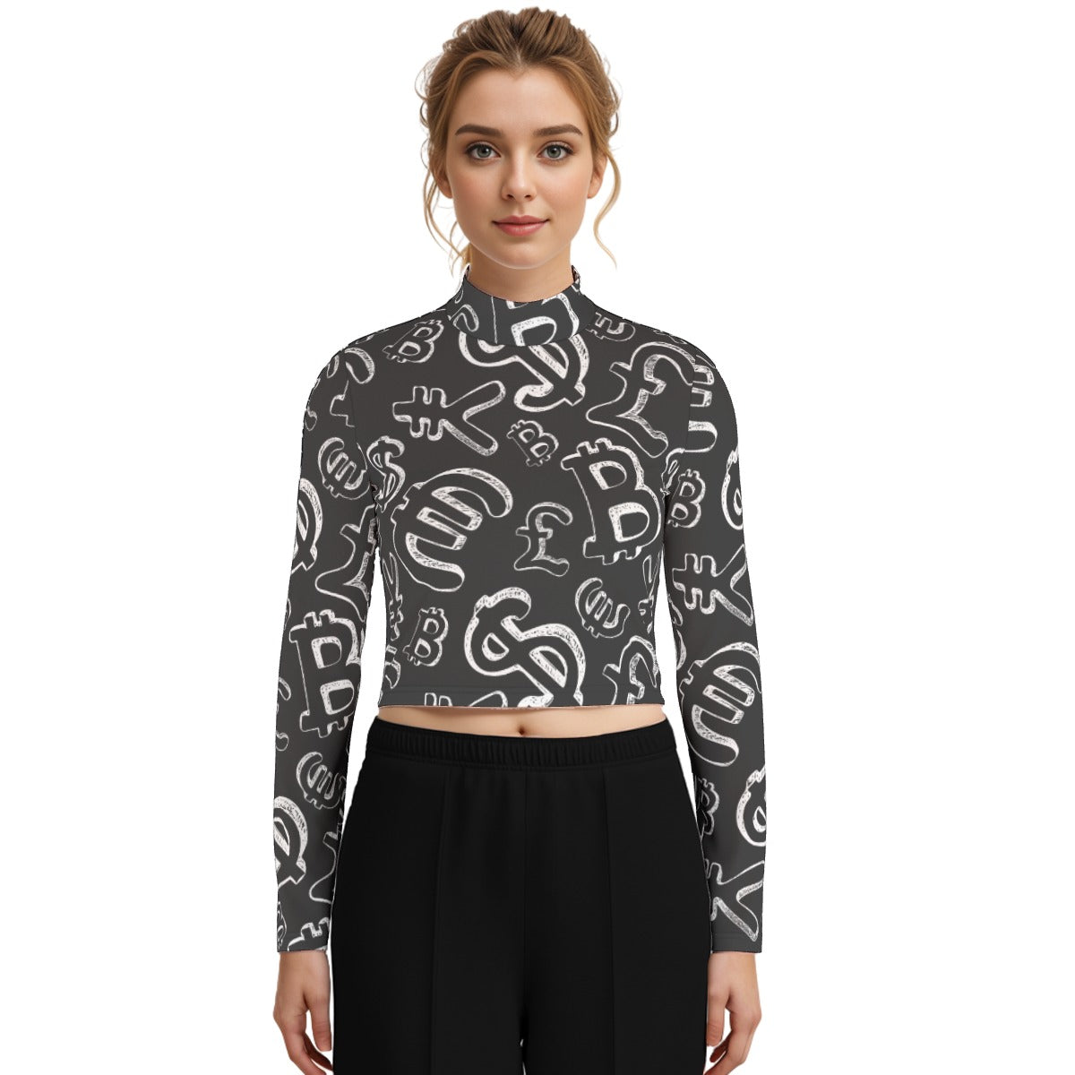 Eco-Friendly All-Over Print Women's Turtleneck T-shirt With Long Sleeve