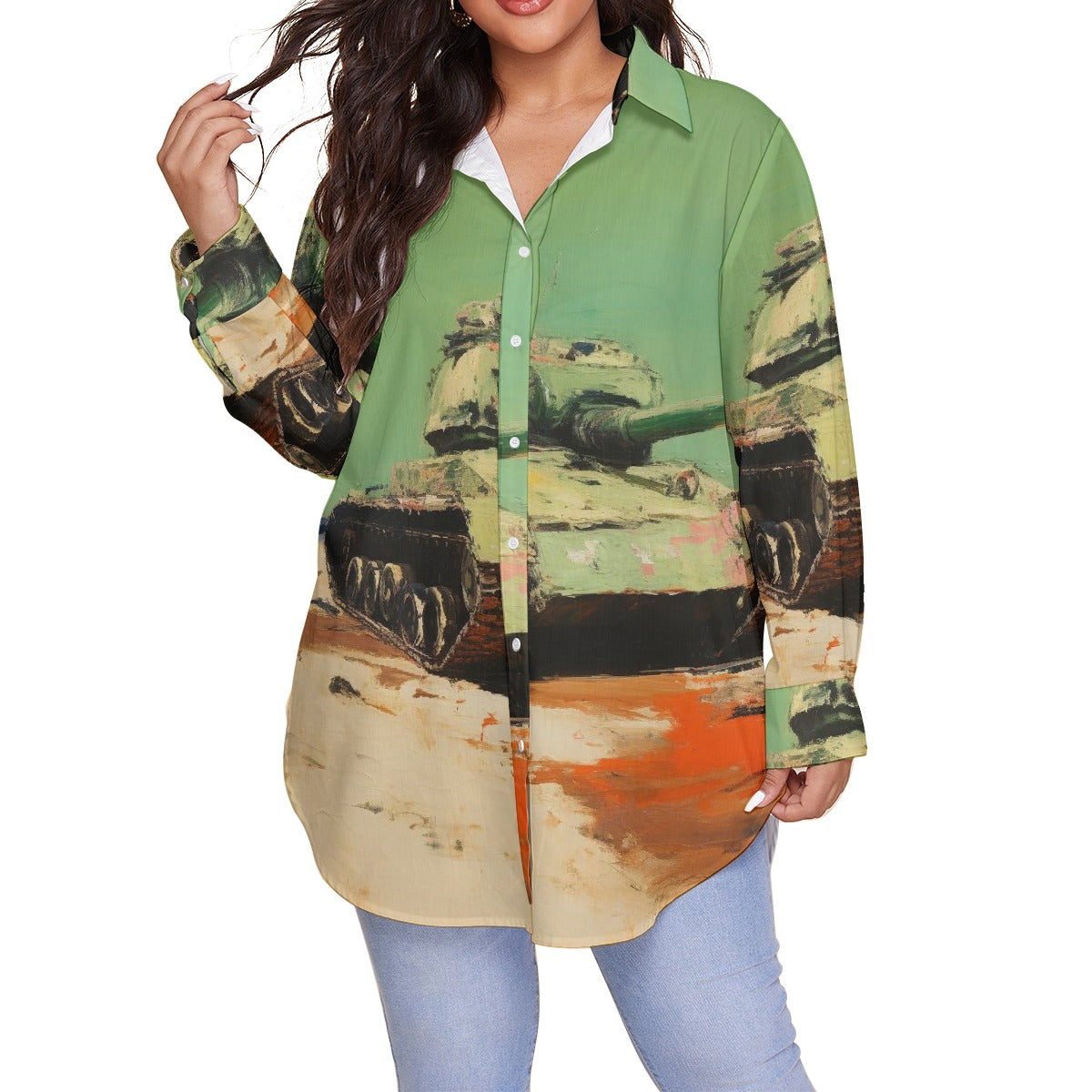 All-Over Print Women's Shirt With Long Sleeve(Plus Size)