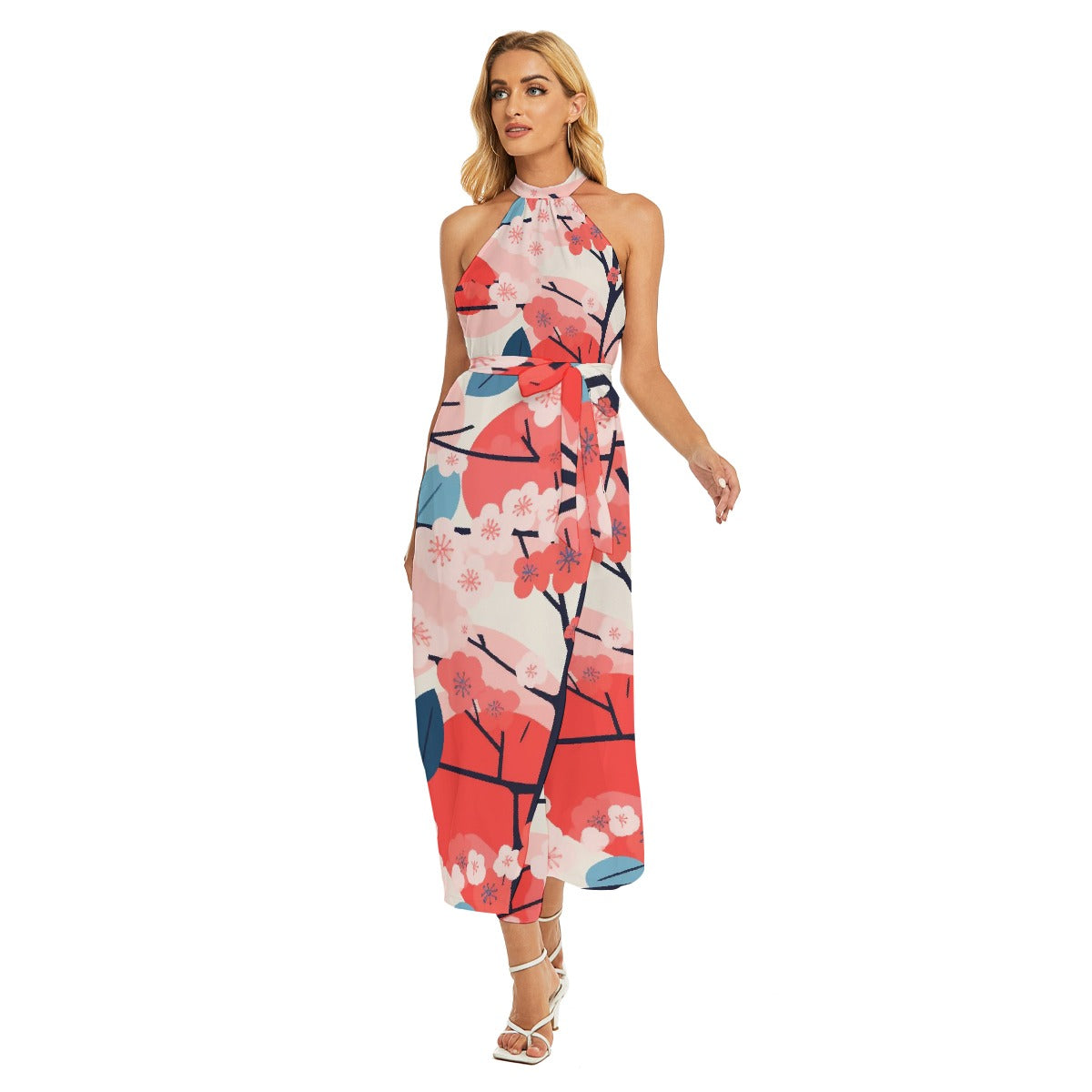 All-Over Print Women's Wrap Hem Belted Halter Dress