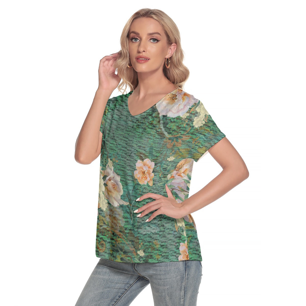 All-Over Print Women's Loose V-neck Short Sleeve T-shirt