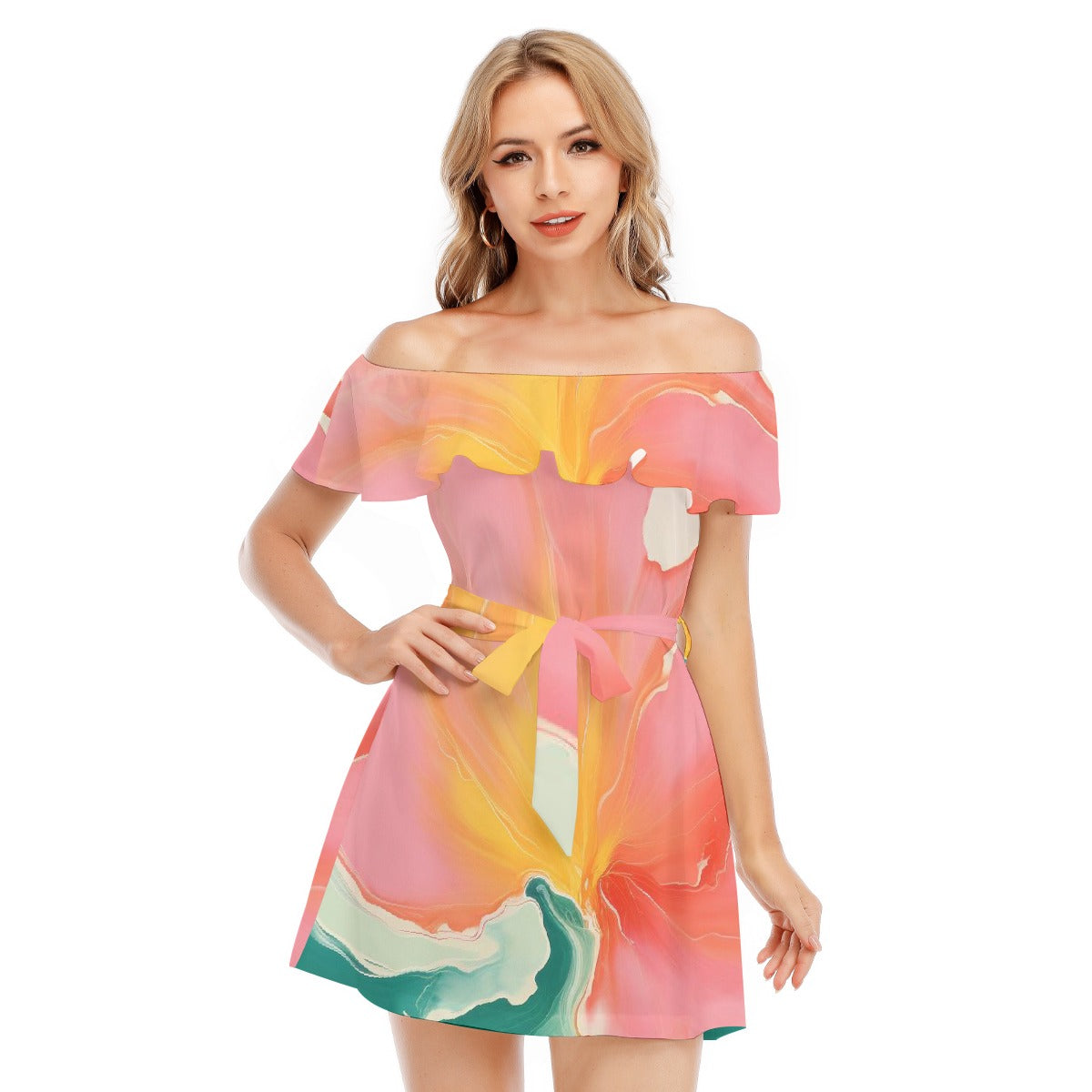 All-Over Print Women's Off-shoulder Dress With Ruffle