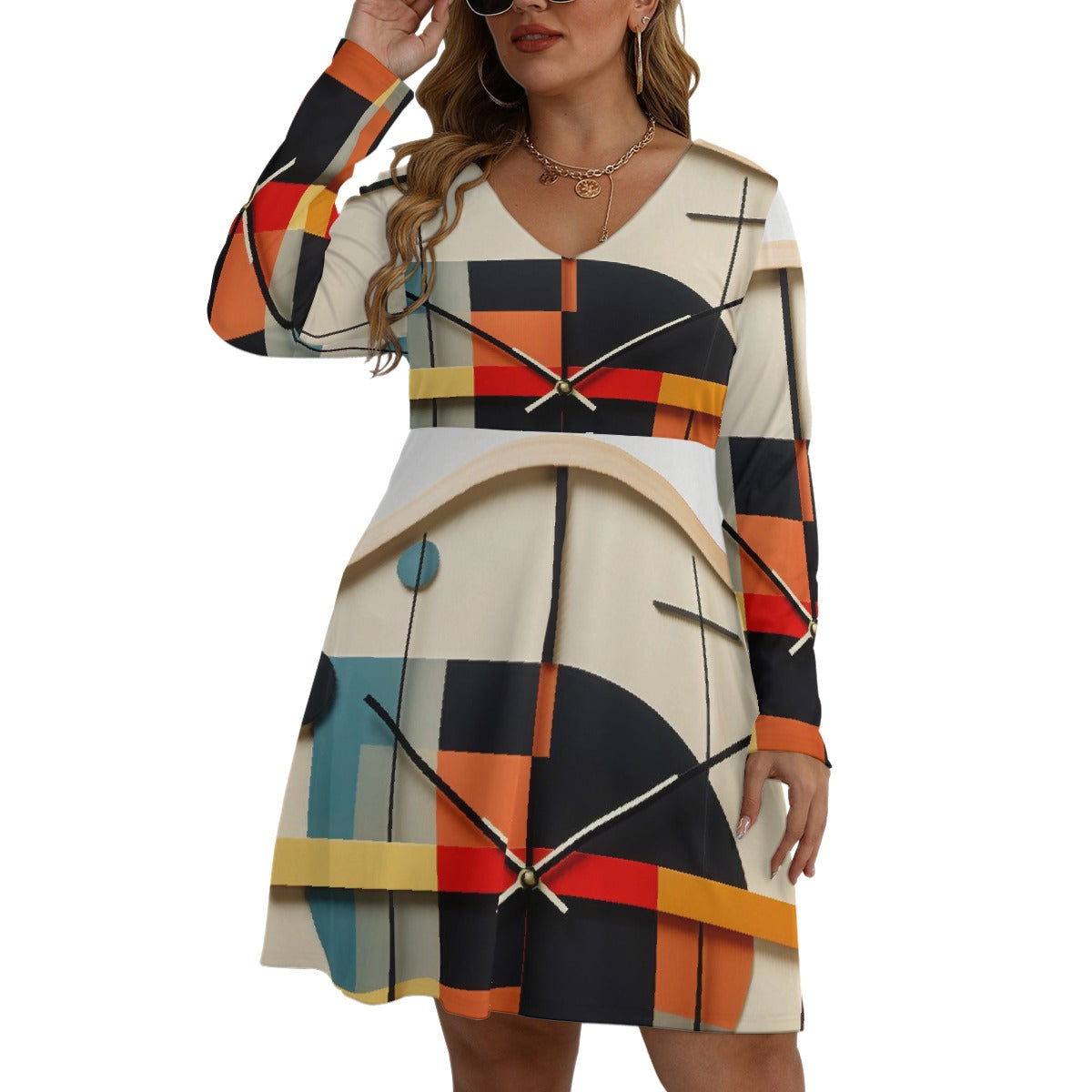 All-Over Print Women's V-neck Long Sleeve Dress(Plus Size)