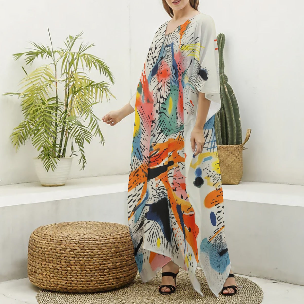 All-Over Print Women's Imitation Silk V-neck Kaftan Robe