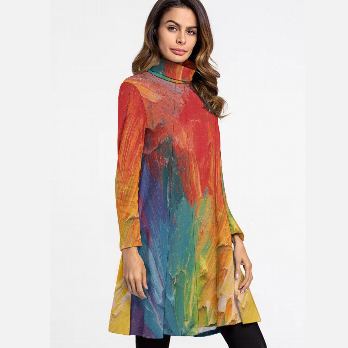 All-Over Print Women's High Neck Dress With Long Sleeve