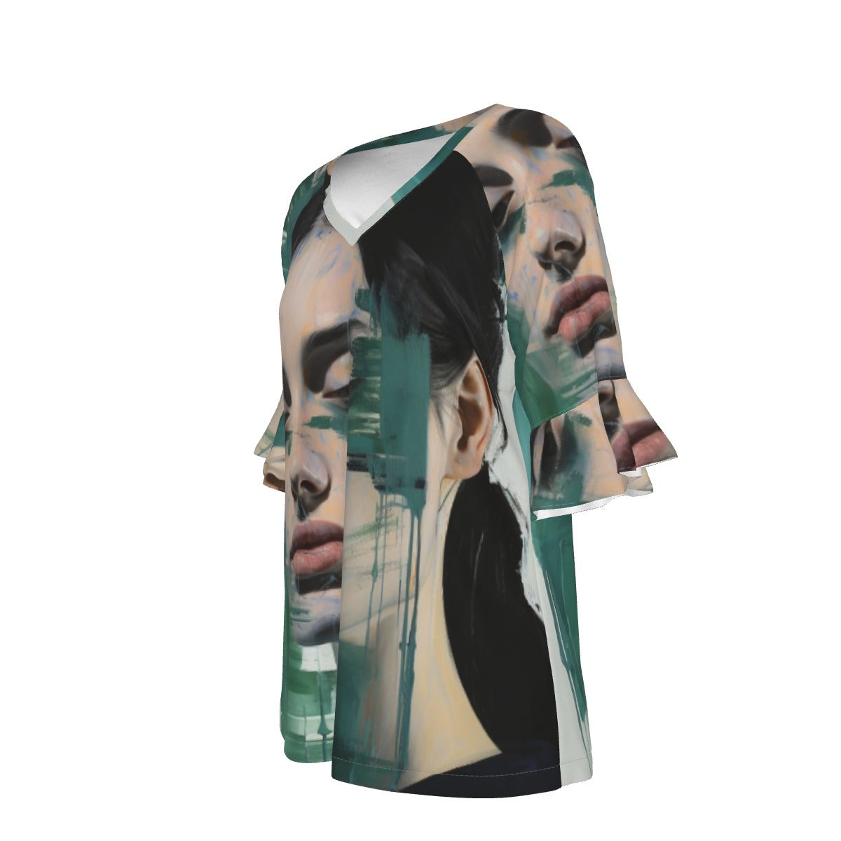 All-Over Print V-neck Women's T-shirt With Bell Sleeve