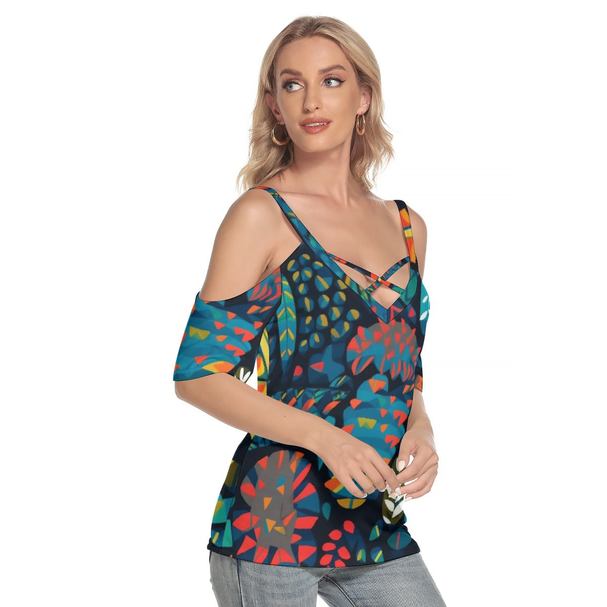 All-Over Print Women's Cold Shoulder T-shirt With Criss Cross Strips