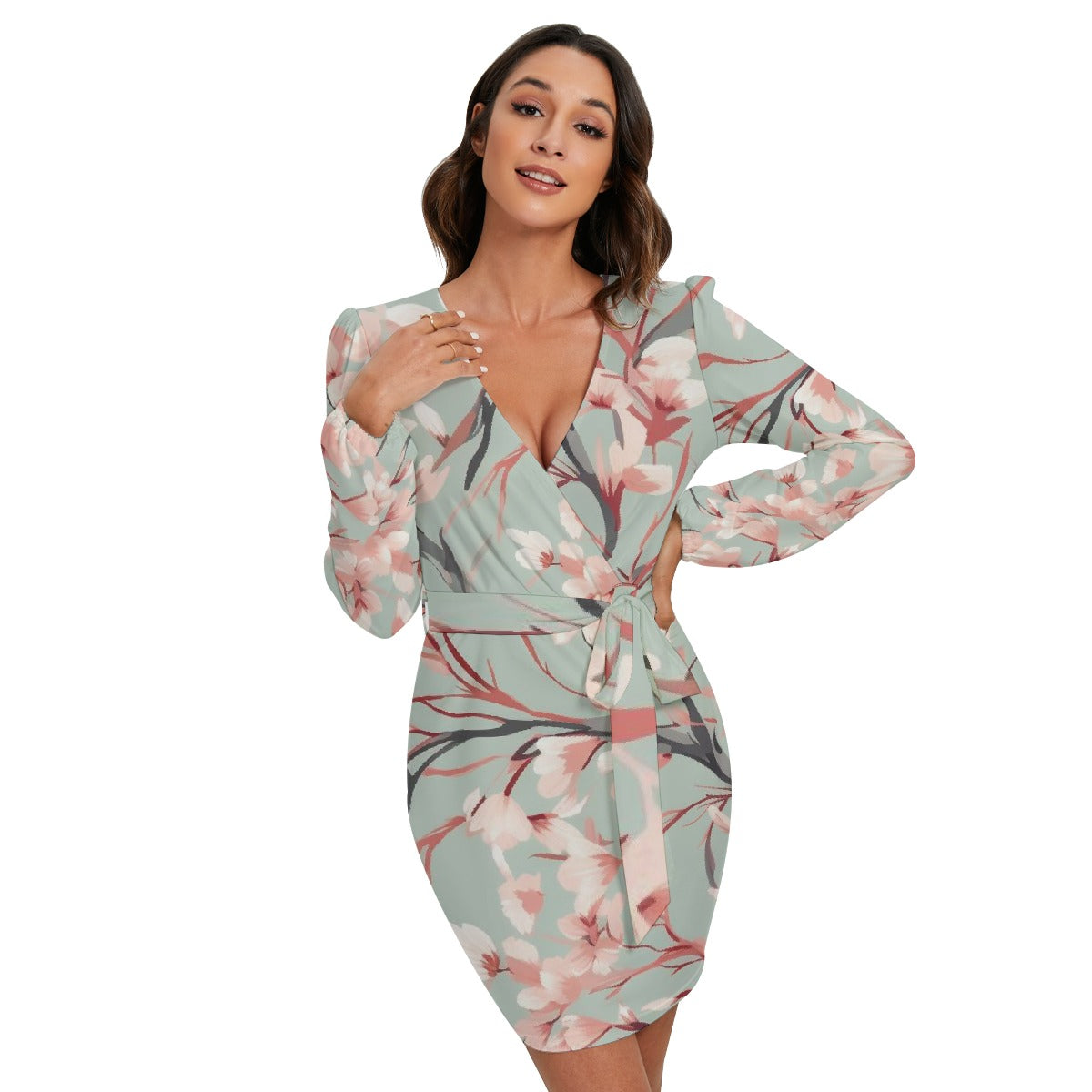 All-Over Print Women's Long Sleeve Dress With Waist Belt