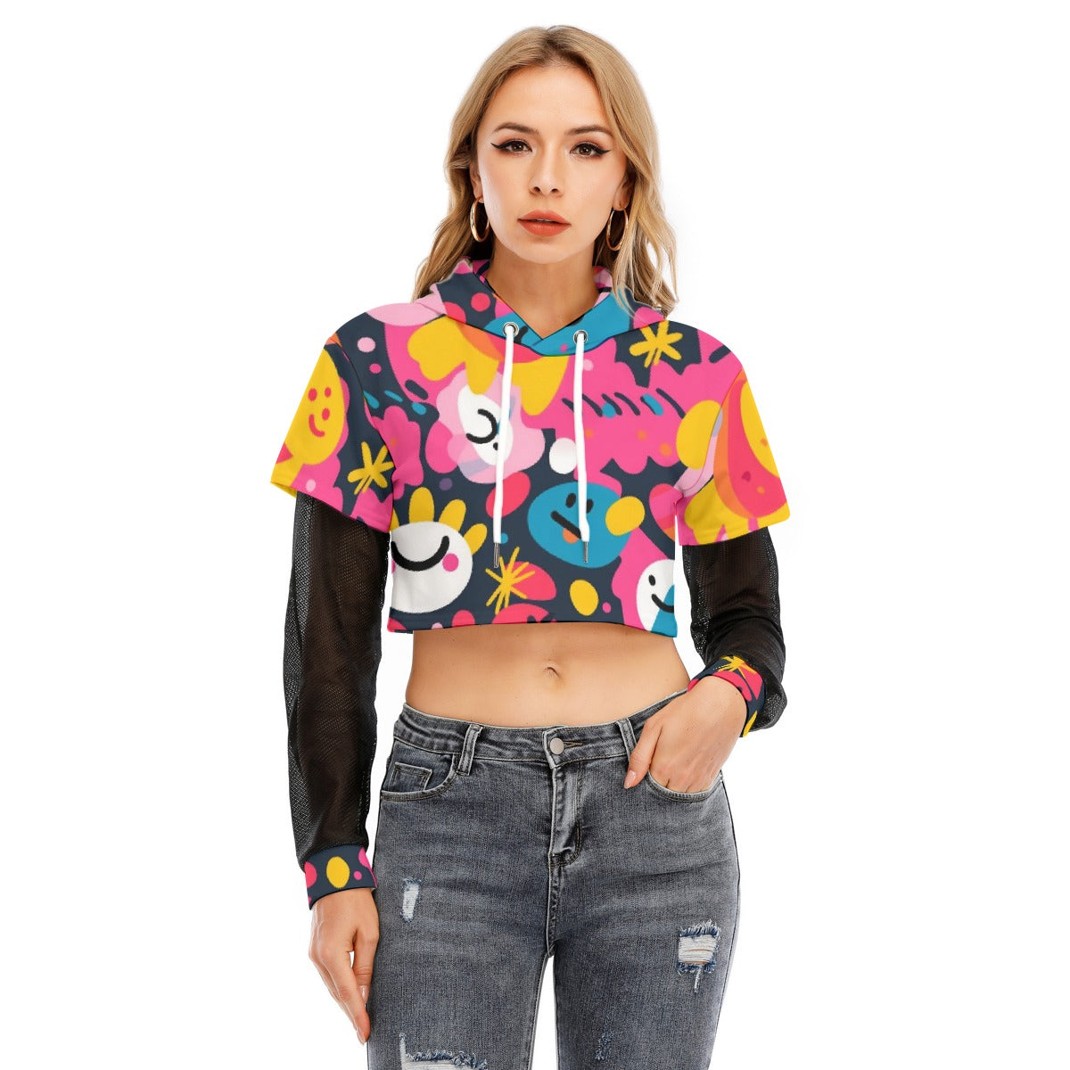 All-Over Print Women's Fake Two-piece Mesh Sleeve Cropped Hoodie