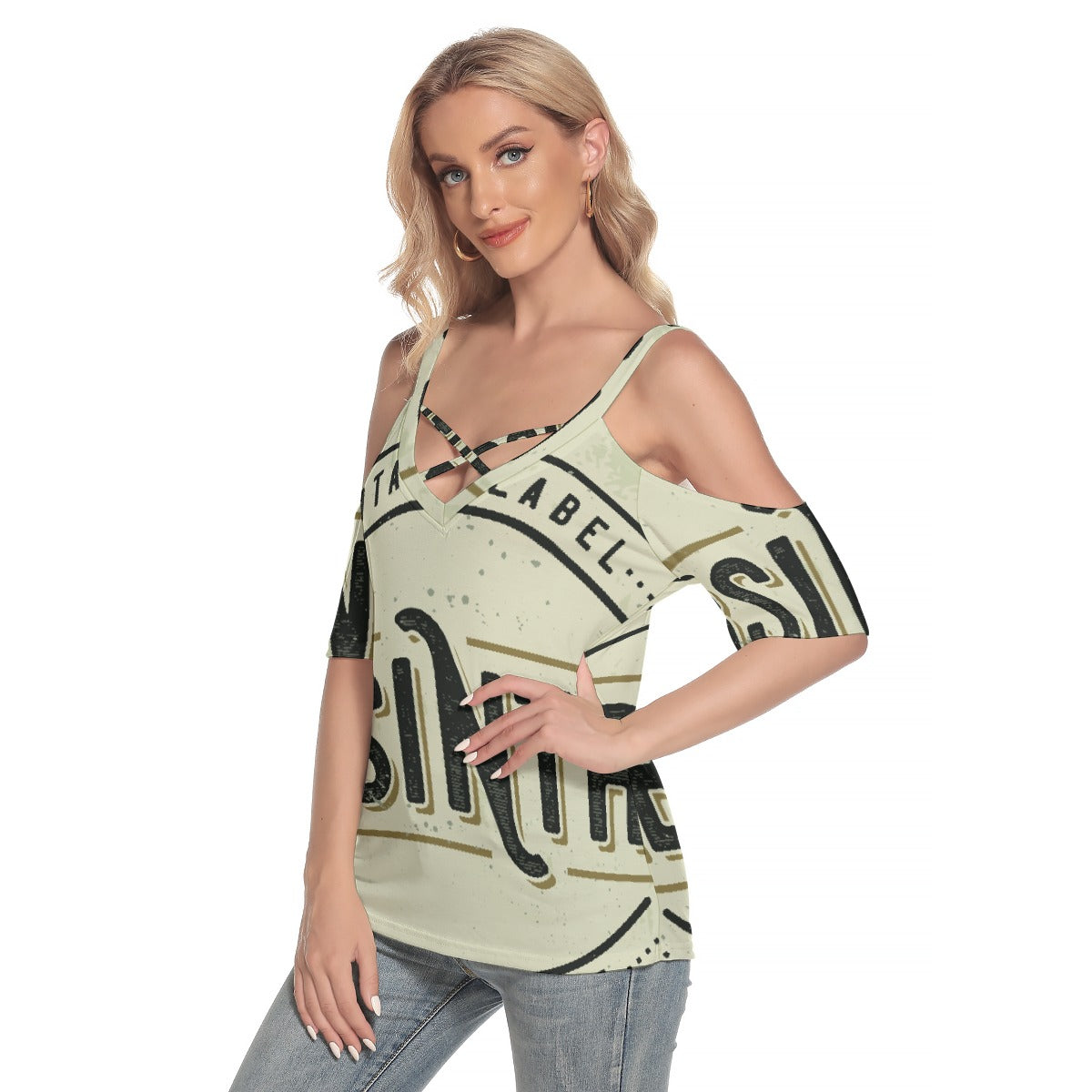 All-Over Print Women's Cold Shoulder T-shirt With Criss Cross Strips