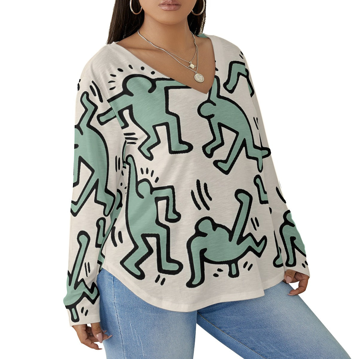 All-Over Print Women's V-neck T-shirt With Curved Hem(Plus Size)