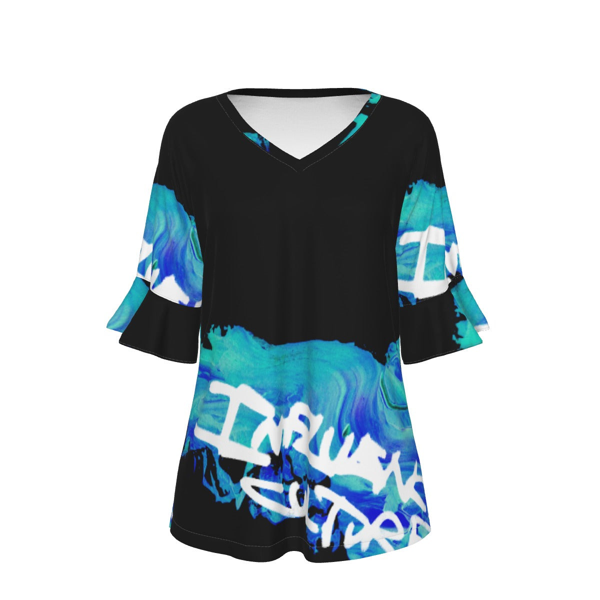 All-Over Print V-neck Women's T-shirt With Bell Sleeve