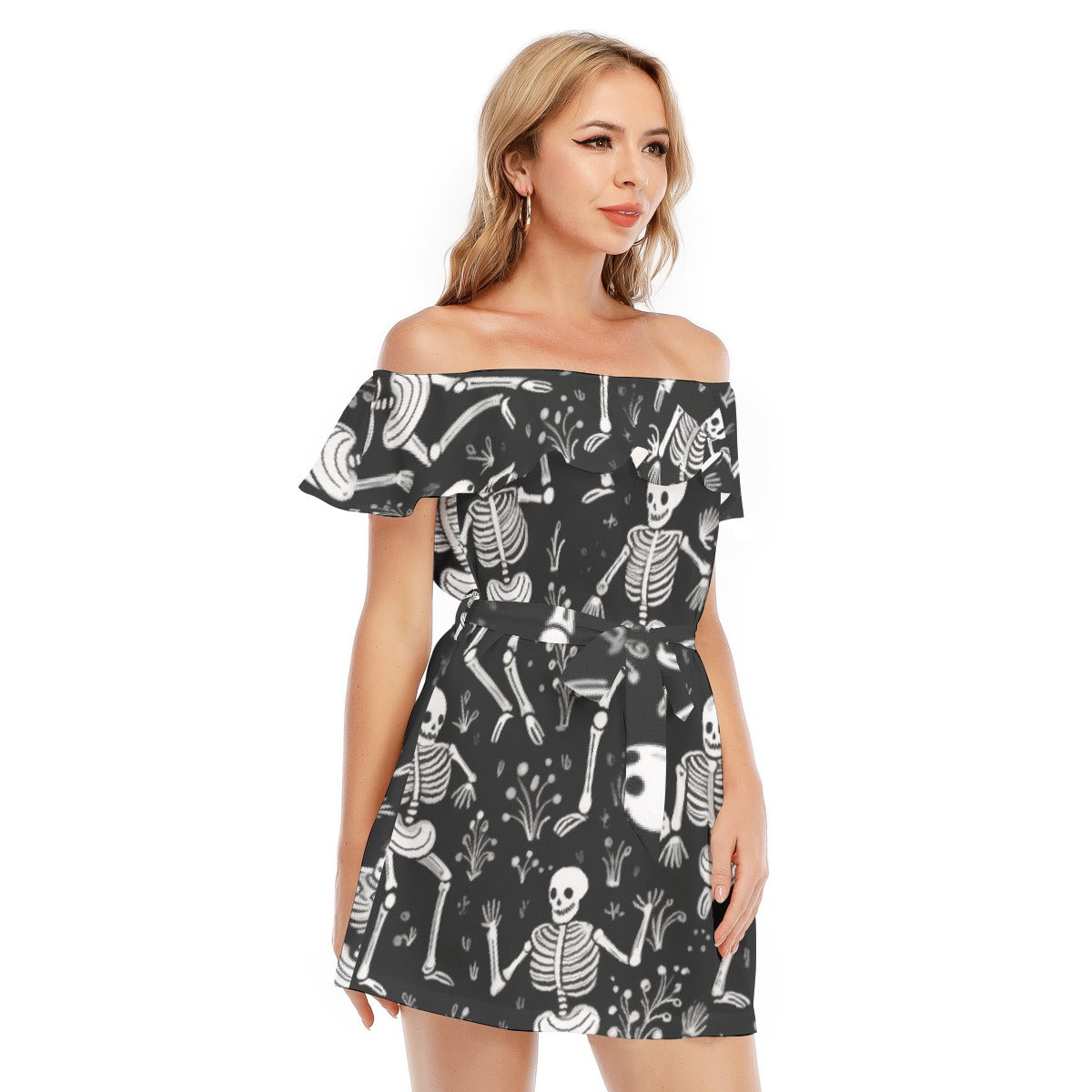 All-Over Print Women's Off-shoulder Dress With Ruffle