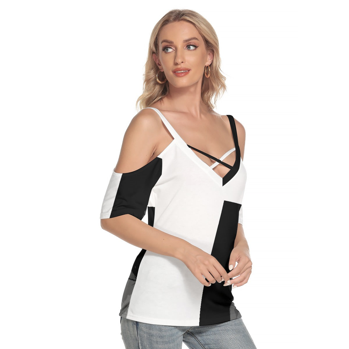 All-Over Print Women's Cold Shoulder T-shirt With Criss Cross Strips