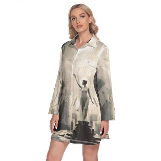 All-Over Print Women's Lapel Shirt Dress With Long Sleeve