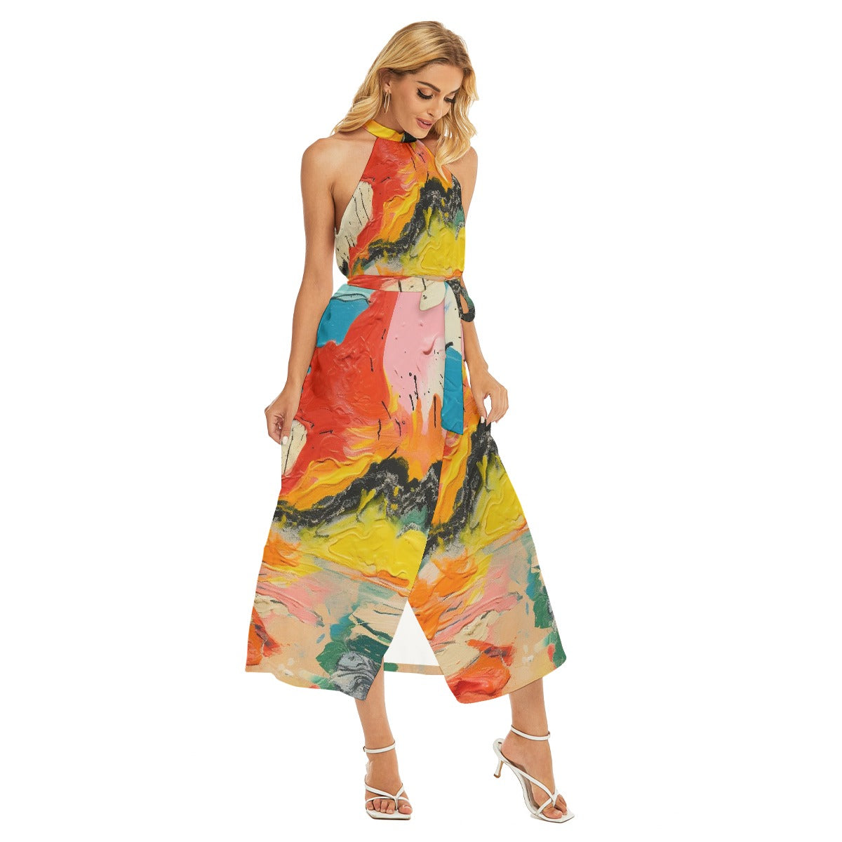 All-Over Print Women's Wrap Hem Belted Halter Dress