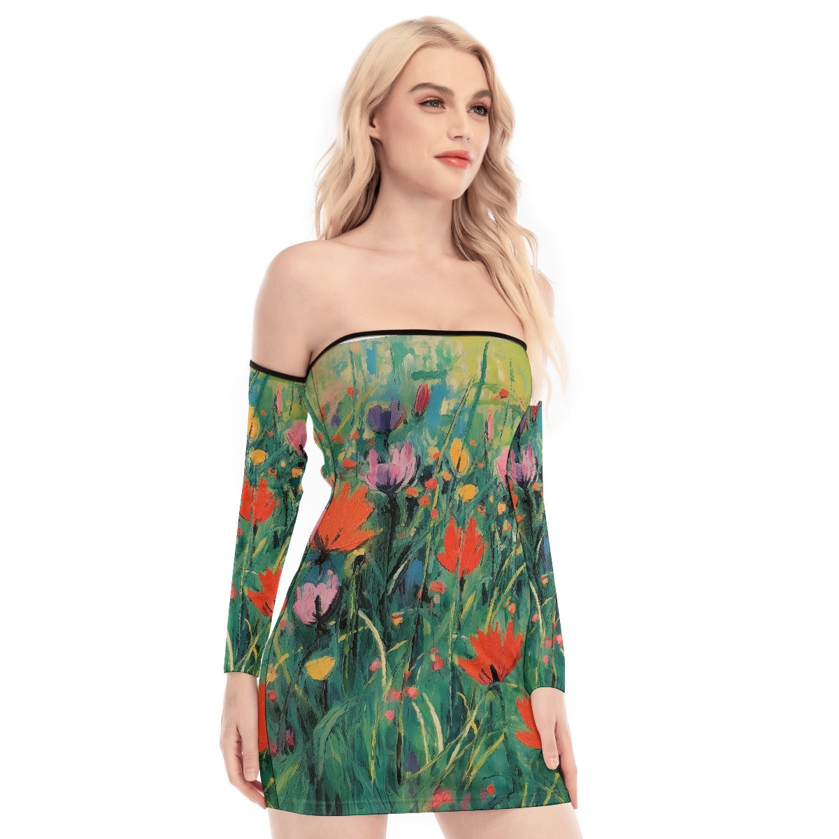 All-Over Print Women's Off-shoulder Back Lace-up Dress