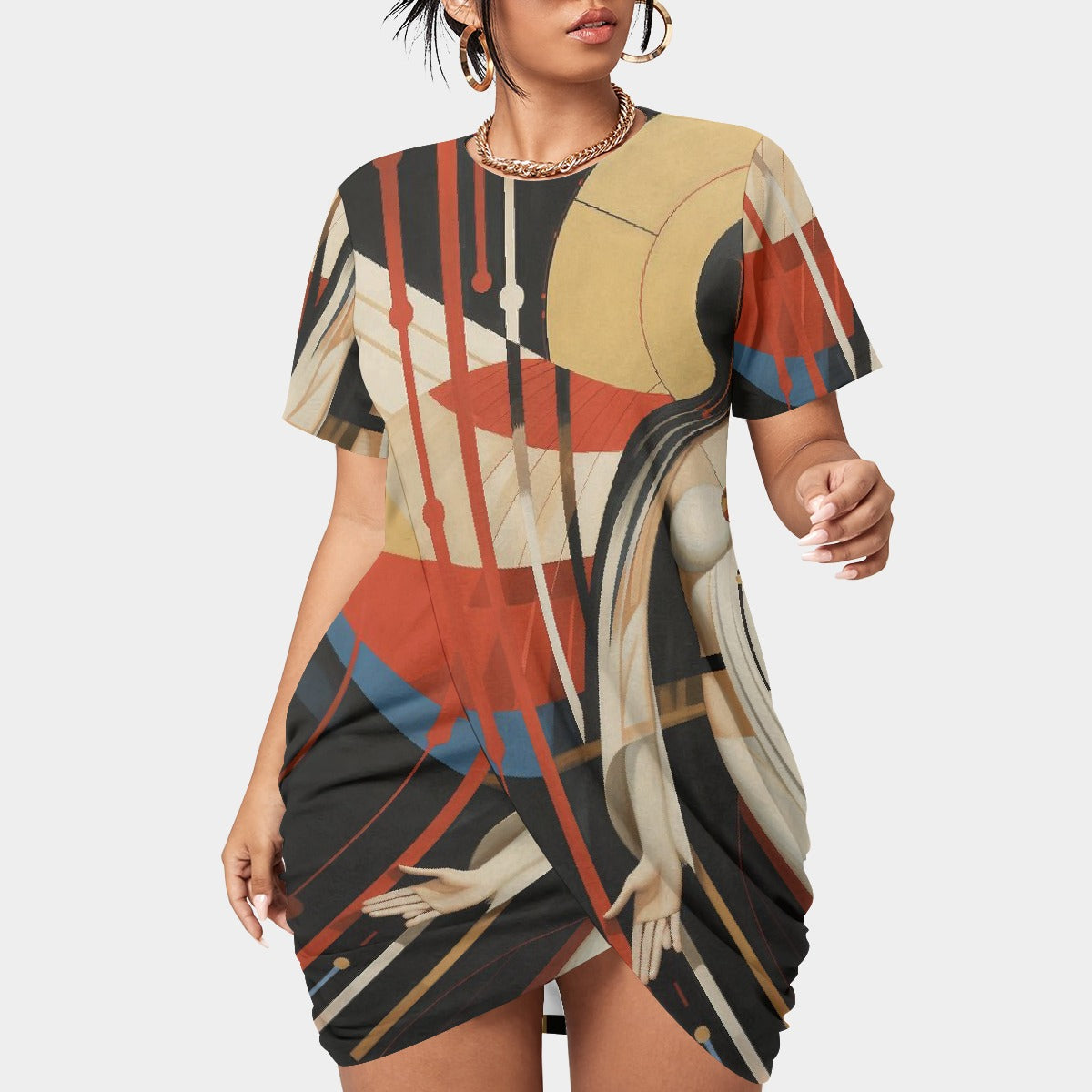 All-Over Print Women’s Stacked Hem Dress With Short Sleeve（Plus Size）