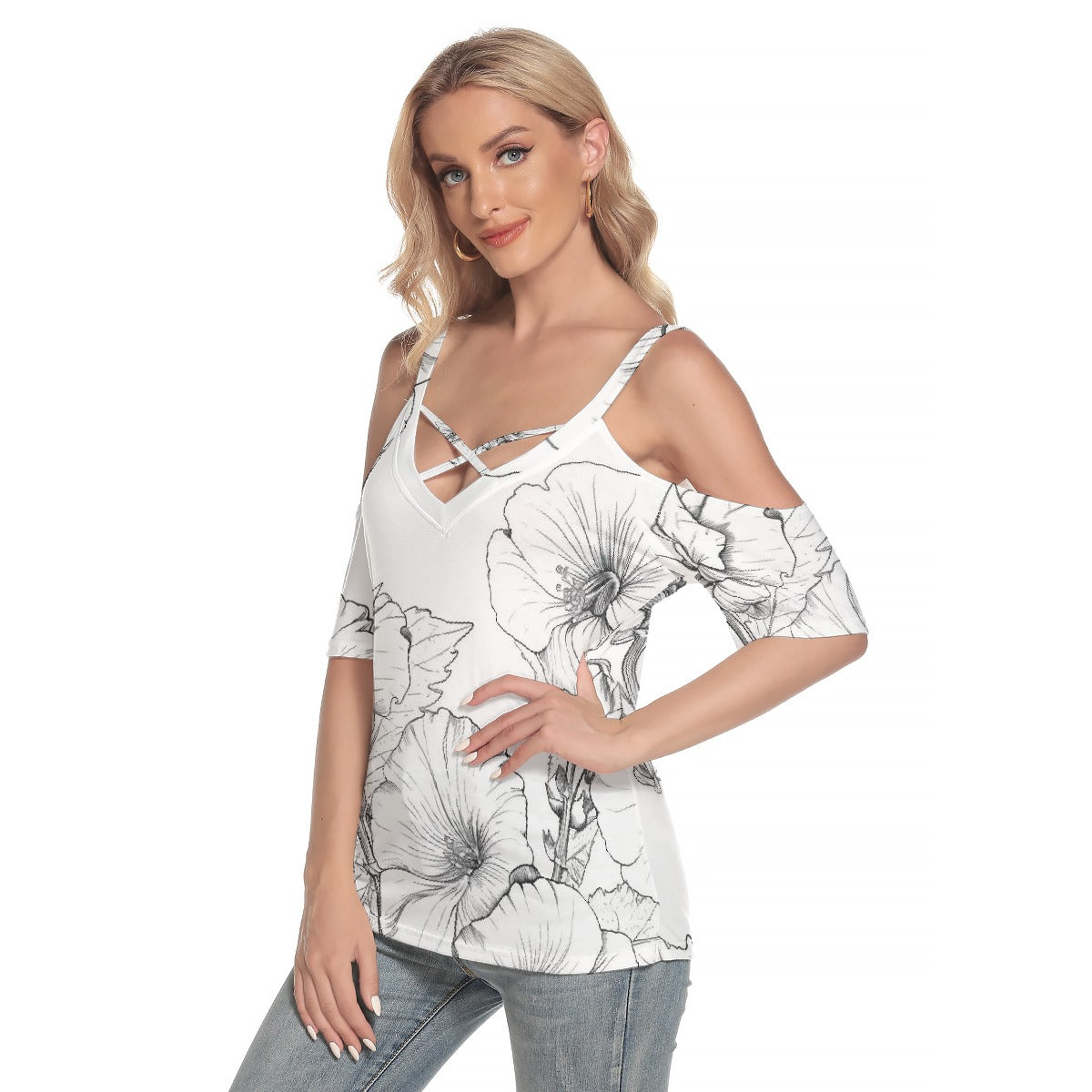 All-Over Print Women's Cold Shoulder T-shirt With Criss Cross Strips