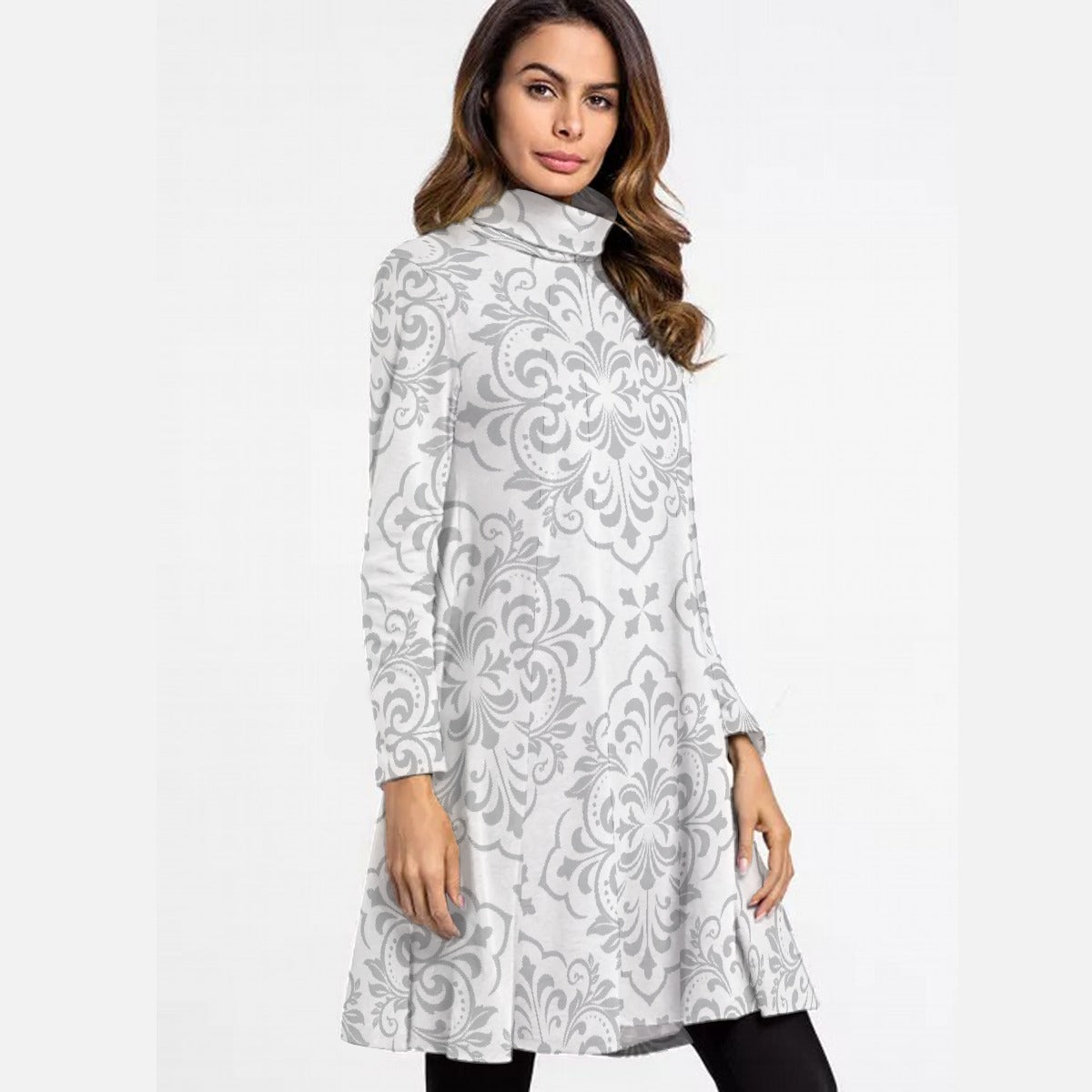 All-Over Print Women's High Neck Dress With Long Sleeve