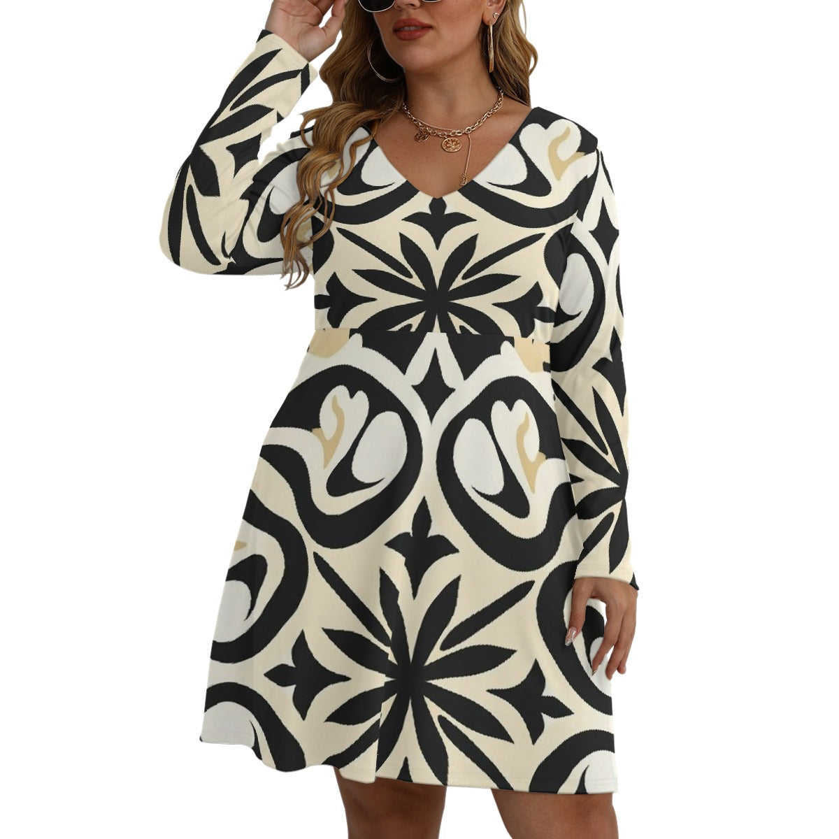 All-Over Print Women's V-neck Long Sleeve Dress(Plus Size)