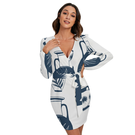 All-Over Print Women's Long Sleeve Dress With Waist Belt