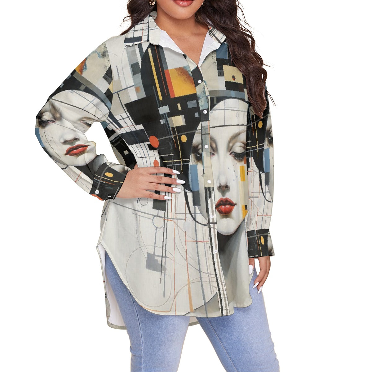 All-Over Print Women's Shirt With Long Sleeve(Plus Size)