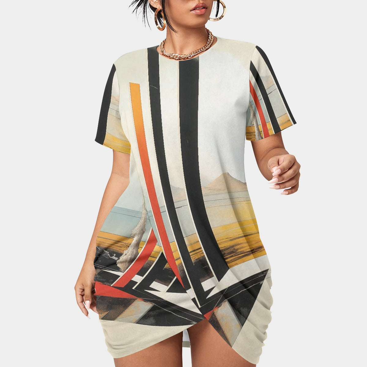 All-Over Print Women’s Stacked Hem Dress With Short Sleeve（Plus Size）