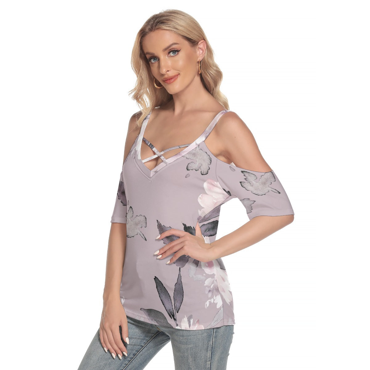 All-Over Print Women's Cold Shoulder T-shirt With Criss Cross Strips