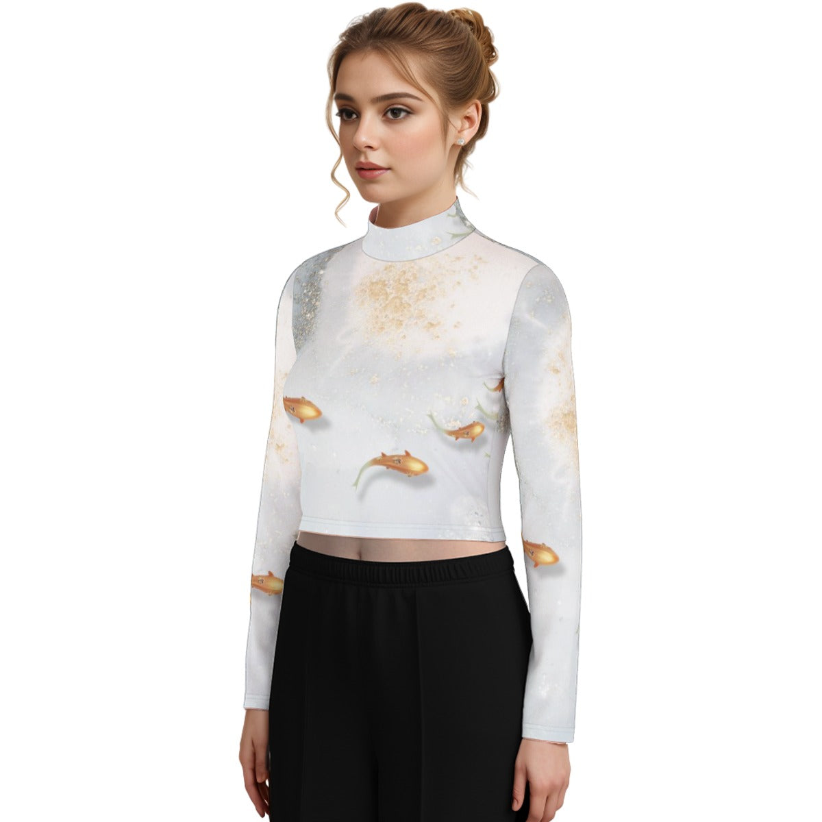 Eco-Friendly All-Over Print Women's Turtleneck T-shirt With Long Sleeve