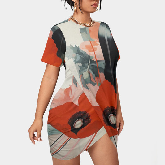 All-Over Print Women’s Stacked Hem Dress With Short Sleeve（Plus Size）