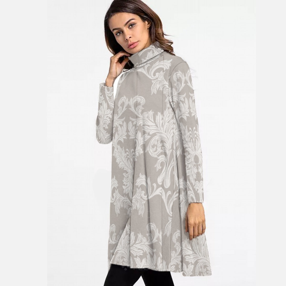 All-Over Print Women's High Neck Dress With Long Sleeve