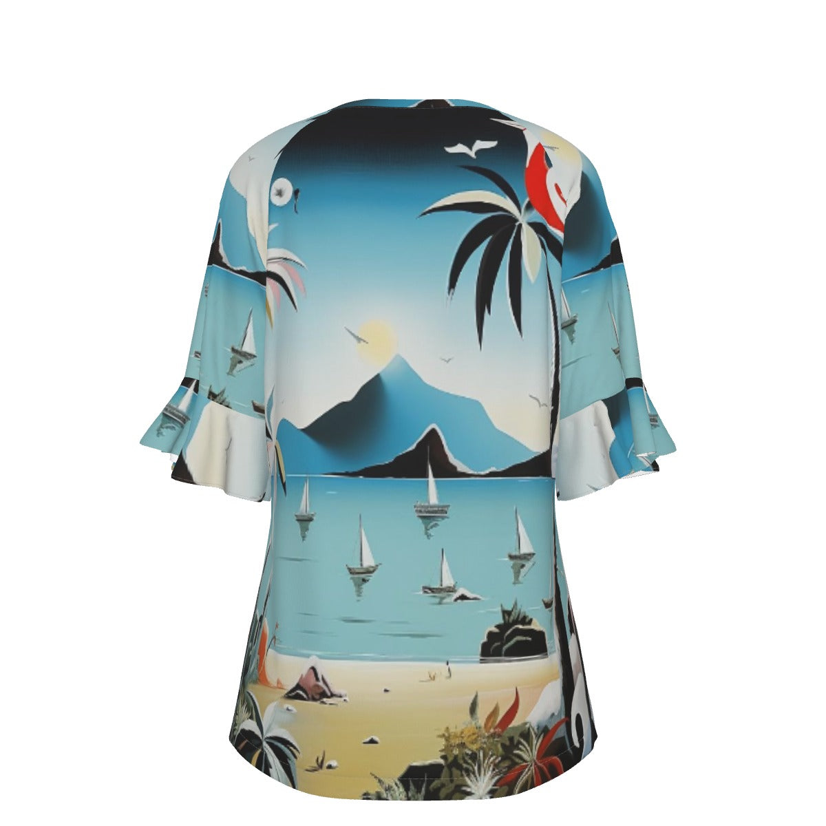 All-Over Print V-neck Women's T-shirt With Bell Sleeve