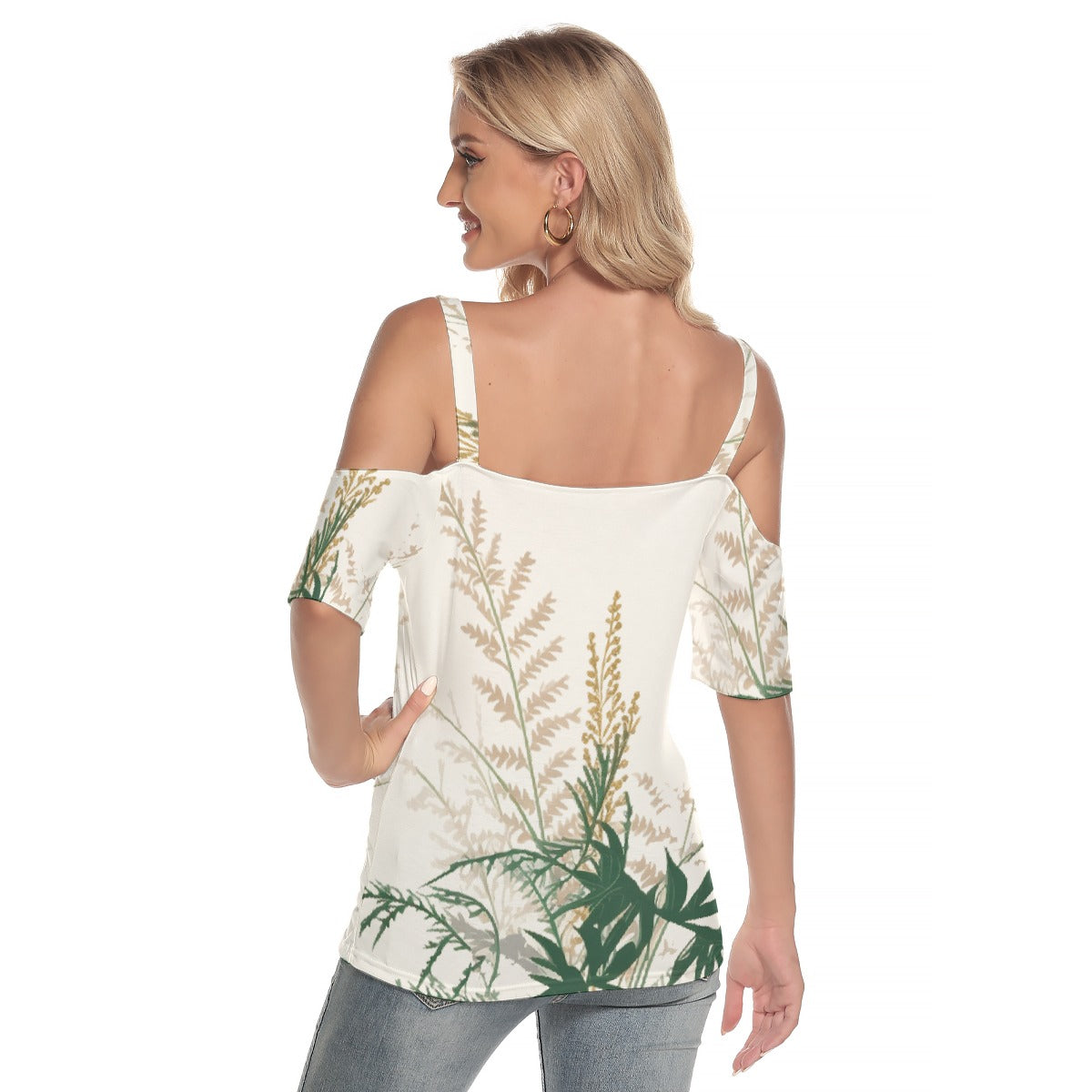 All-Over Print Women's Cold Shoulder T-shirt With Criss Cross Strips