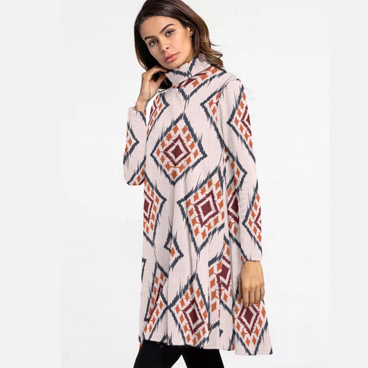 All-Over Print Women's High Neck Dress With Long Sleeve