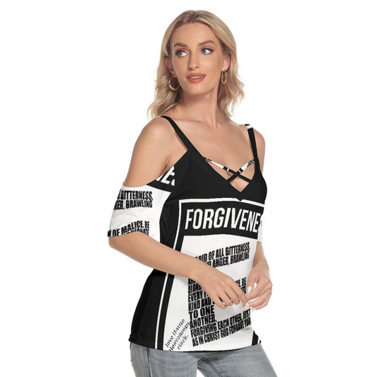 All-Over Print Women's Cold Shoulder T-shirt With Criss Cross Strips