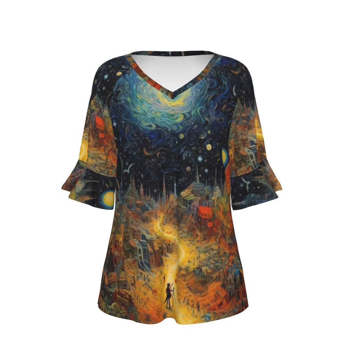 All-Over Print V-neck Women's T-shirt With Bell Sleeve